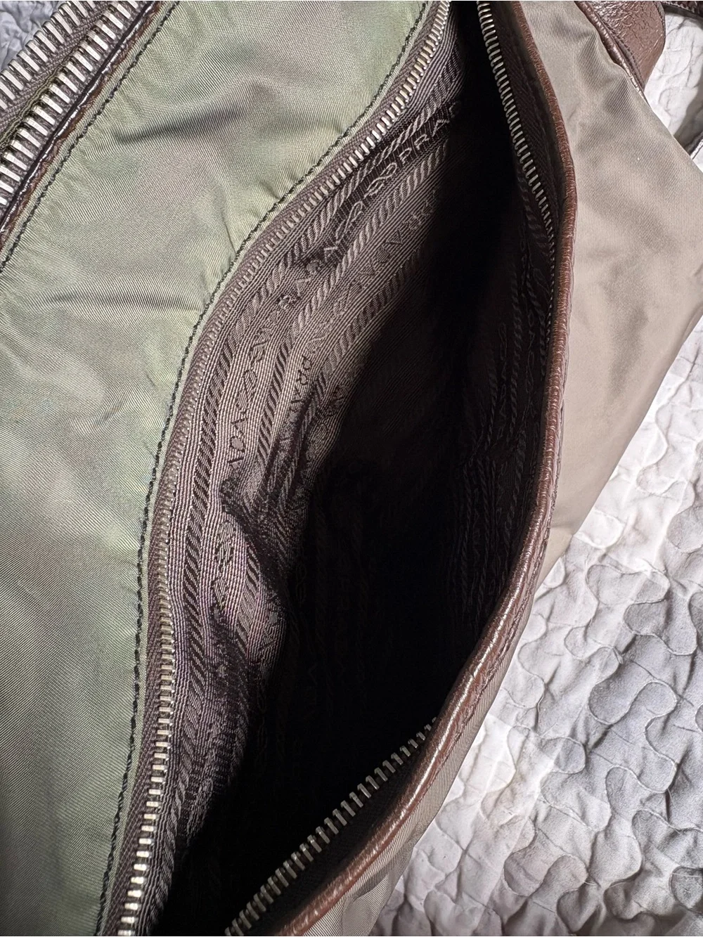 Prada Olive Nylon Messenger Bag with Brown Leather Trim